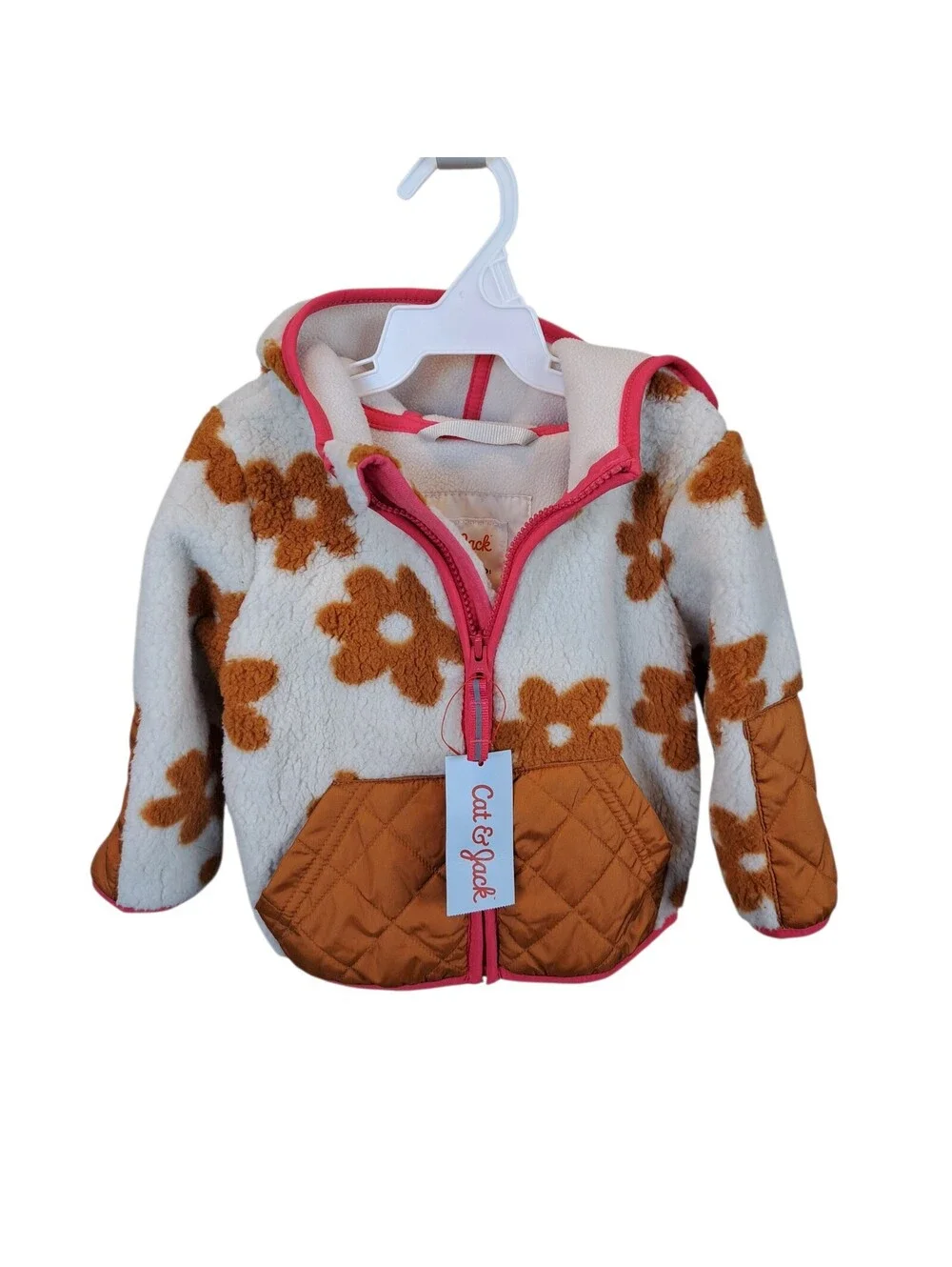 Cat & Jack Zip Up Fuzzy Neutral Flower Hooded Jacket Winter Fall 12M Toddler